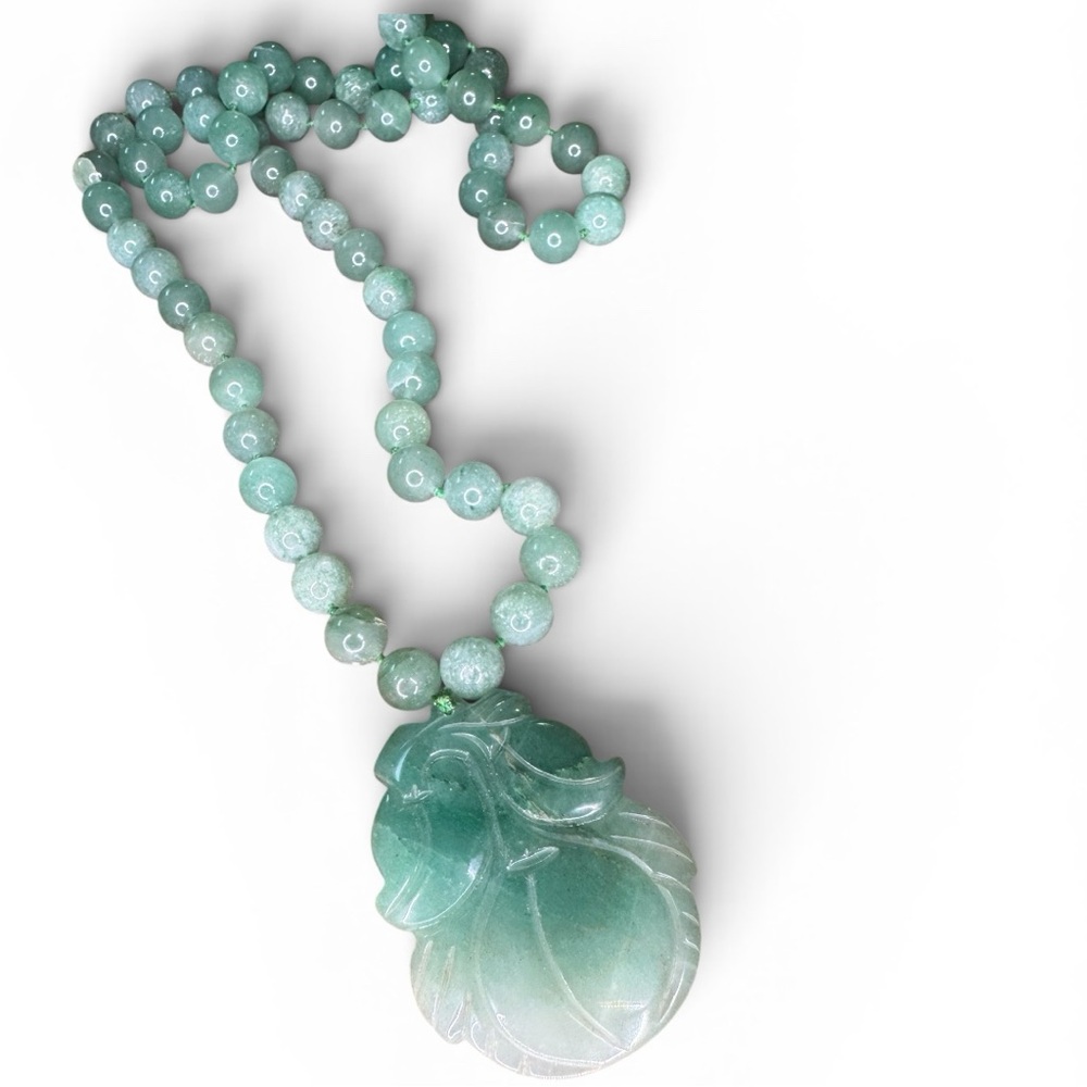 VTG Estate Pendant Necklace Apple Green Jade Hand Carved Floral Hong Kong 26” - Picture 4 of 11